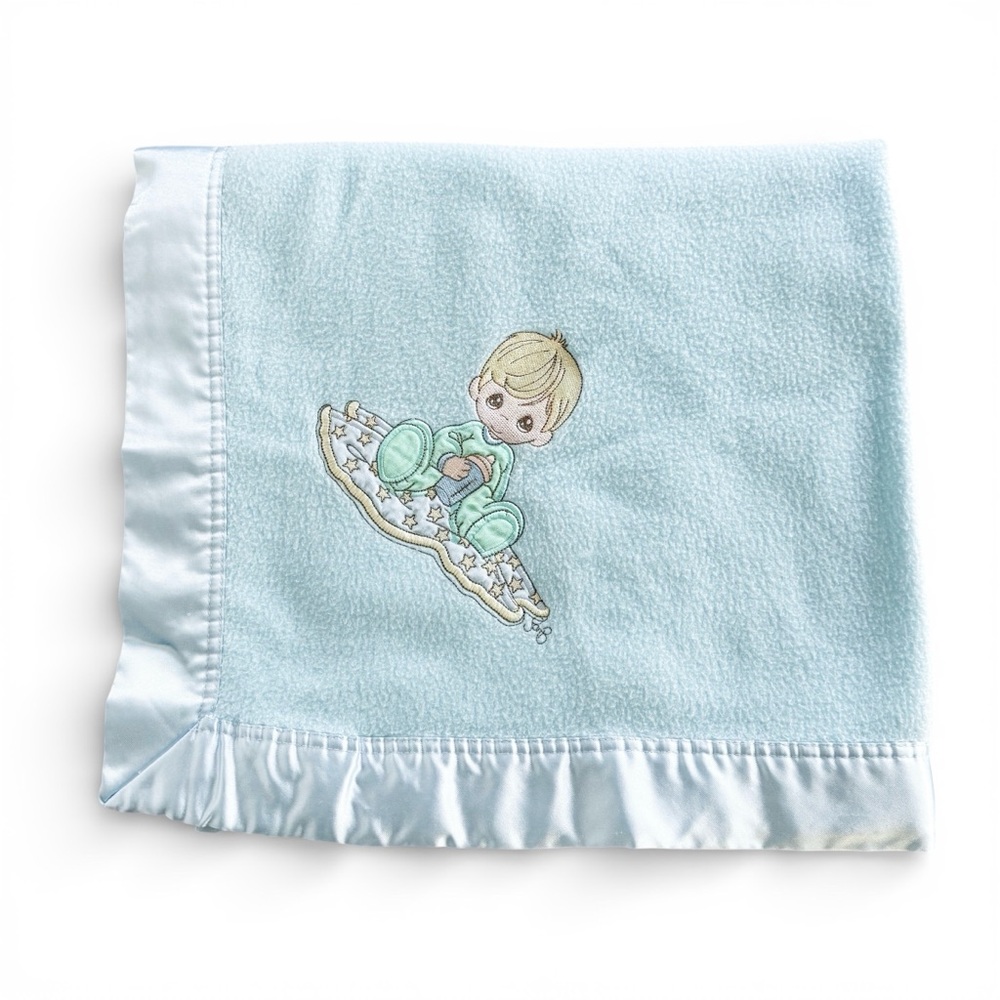Precious Moments Baby Blanket Blue Fleece Embroidered Satin Trim Vintage 2001